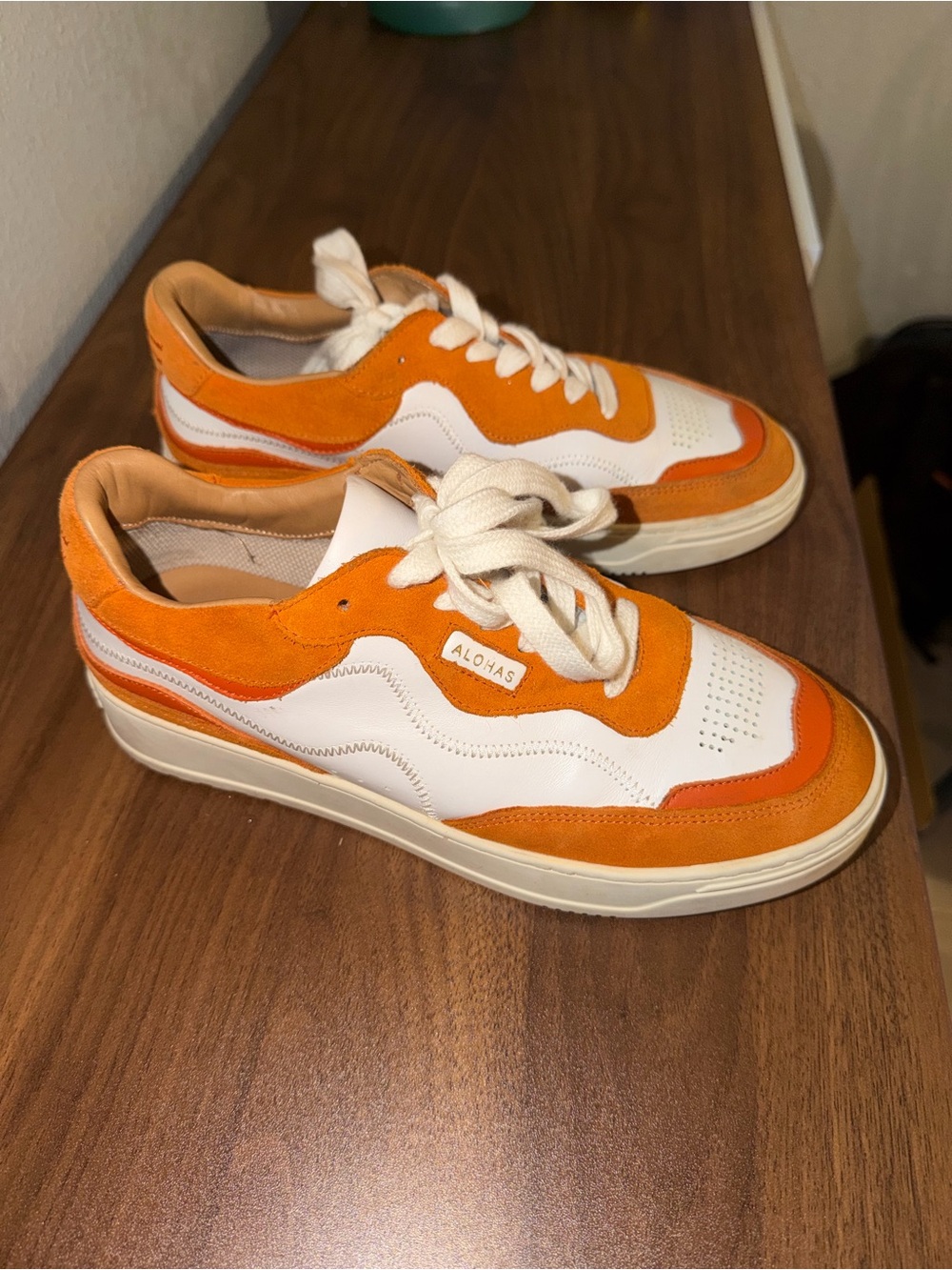 ALOHAS Orange and White Suede Low-Top Sneakers